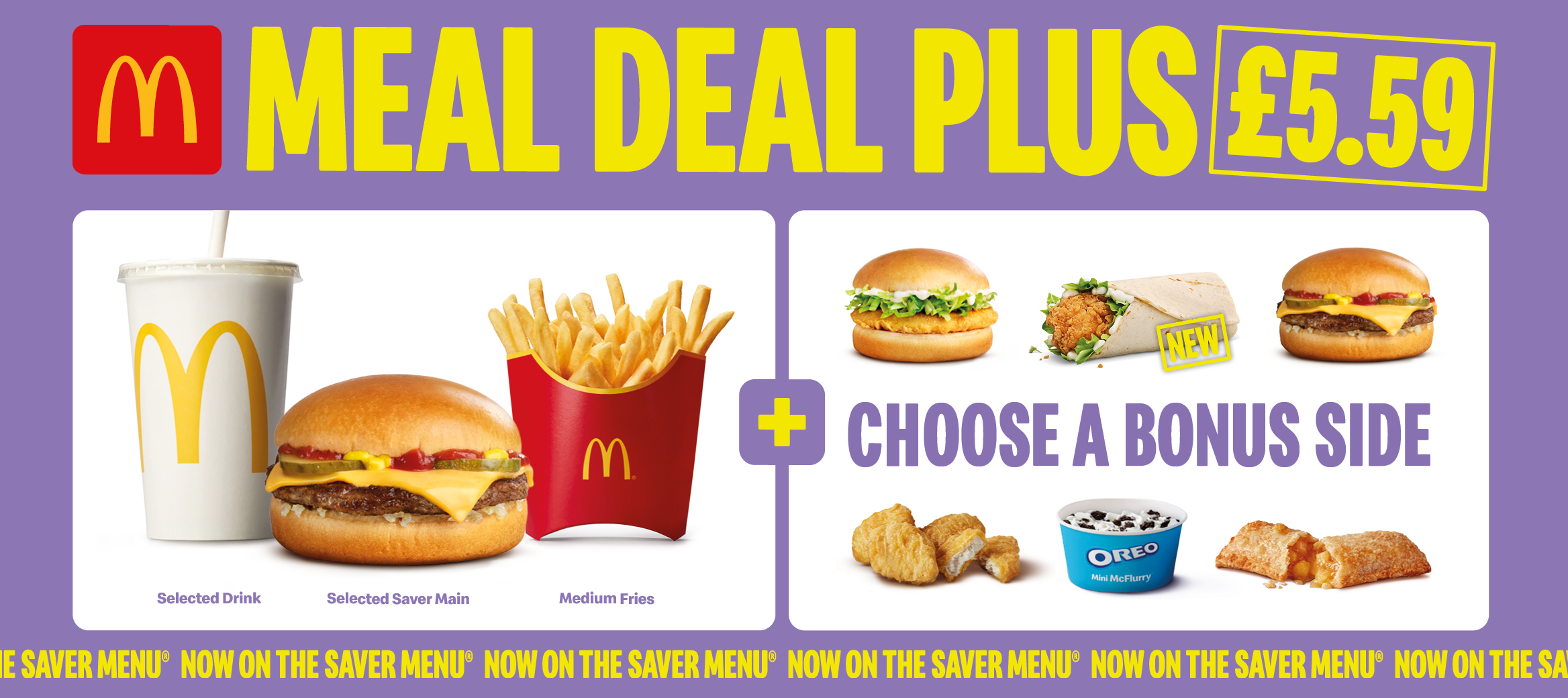 Promotional image for McDonald’s Meal Deal Plus priced at £5.59, showing a Cheeseburger, Medium Fries, and McDonald’s Cold Drink, with a bonus side choice including a Mayo Chicken, Snack Wrap, Cheeseburger, Four Chicken McNuggets(r), Apple Pie, or a Mini McFlurry(r). 