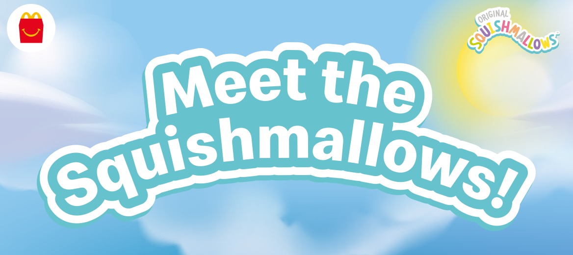 Meet the Squishmallows! copy on a purple blue sky background.