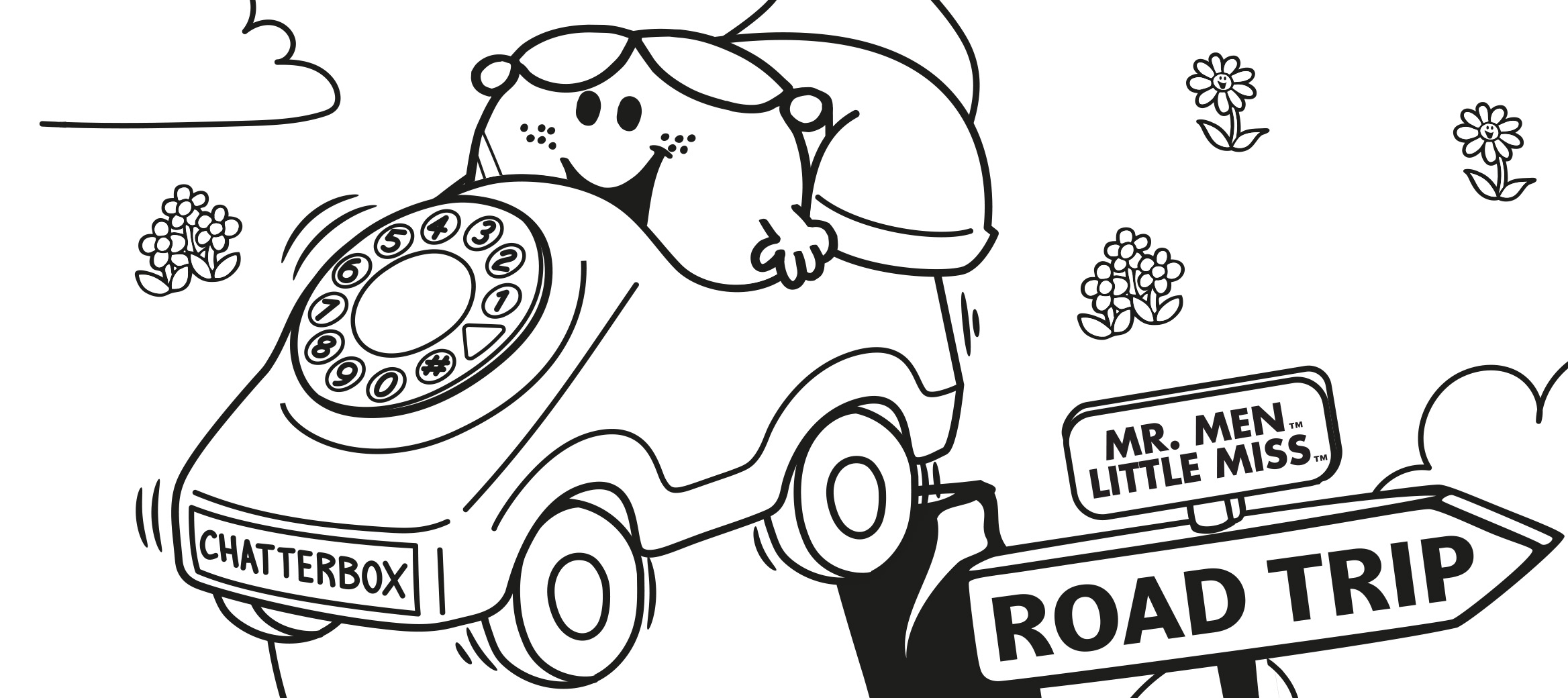 Colour-in activity sheet showing a road trip scene.