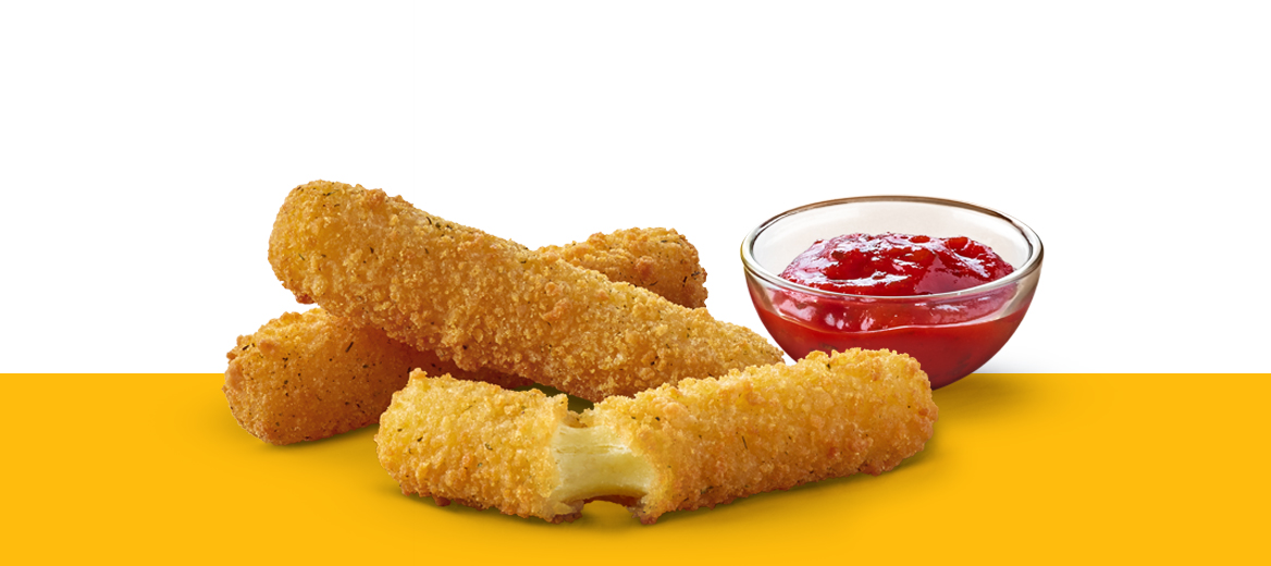 Mozzarella sticks with salsa dip on a yellow shelf.