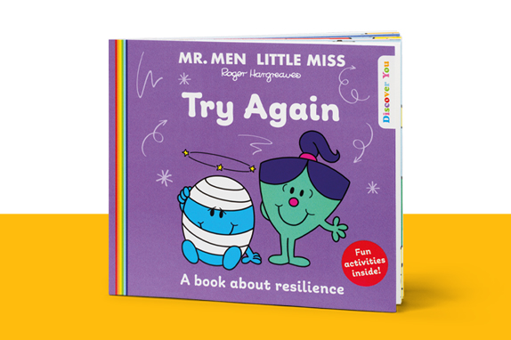 Mr. Men™ Little Miss™ Try Again on a yellow shelf.