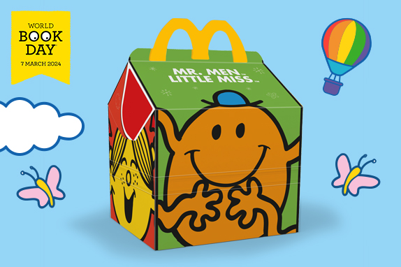 Mr. Men™ Little Miss™ themed Happy Meal box on a blue  background with clouds.