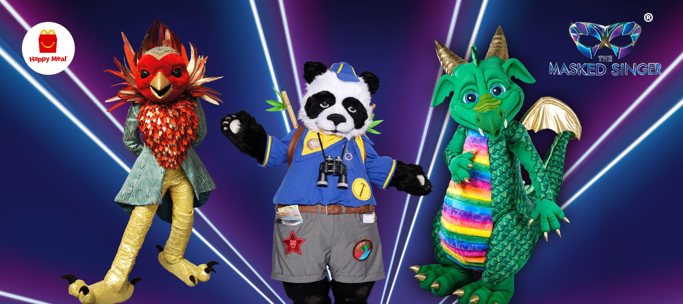 The Masked Singer characters on a blue background with a mask and laser lights.
