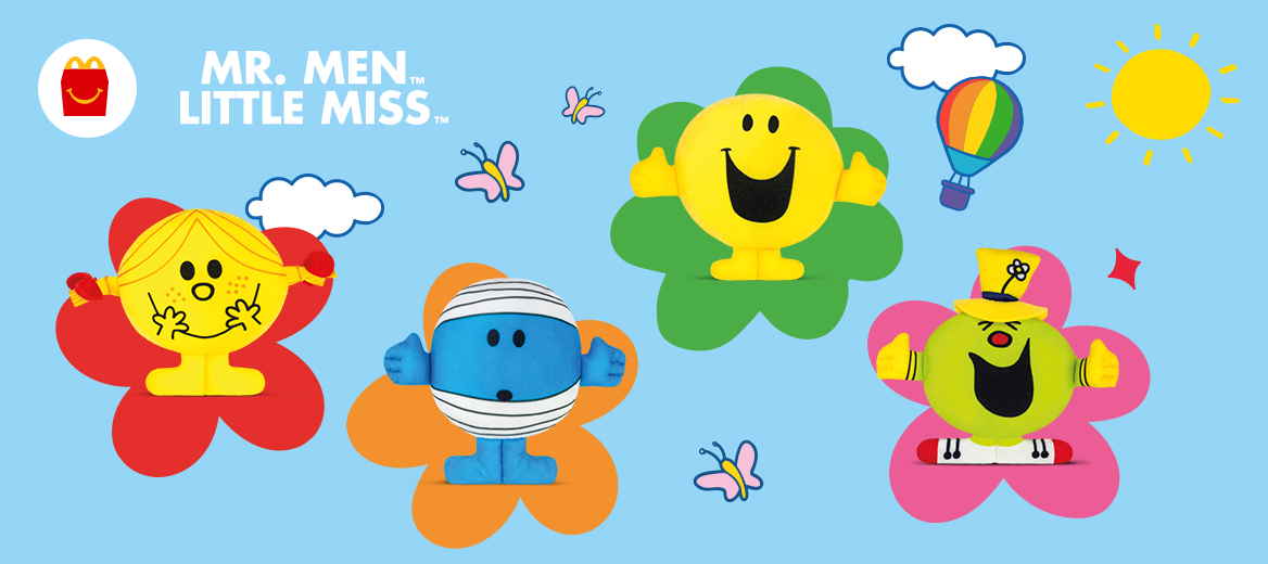  Colourful Mr. Men Little Miss characters on a blue background with  clouds.