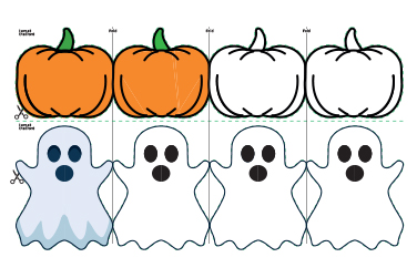 Four ghosts with pumpkins to be coloured in.