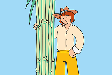 A character holding a green on a light blue background