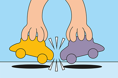 cars being held and pushed into one another on a light blue background