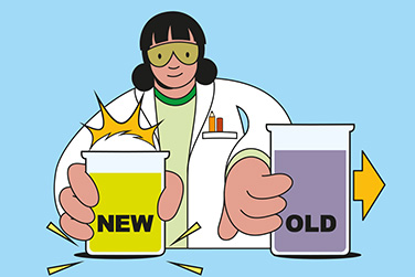A character dressed as a scientist holding 2 science beakers on a light blue background