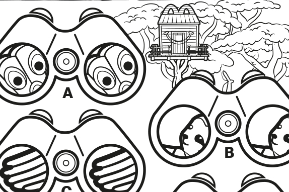 An activity sheet featuring a pair of binoculars, zooming in on different animals.