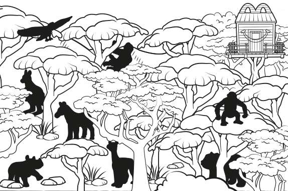 An activity sheet featuring different animal outlines in a forest.