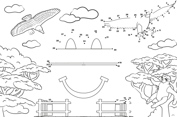 A dot-to-dot activity sheet featuring an eagle, Happy Meal box treehouse, peacock and panda.