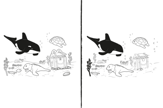 An ocean-themed spot the difference activity sheet featuring a turtle, orca, seal and Happy Meal® treasure chest. 