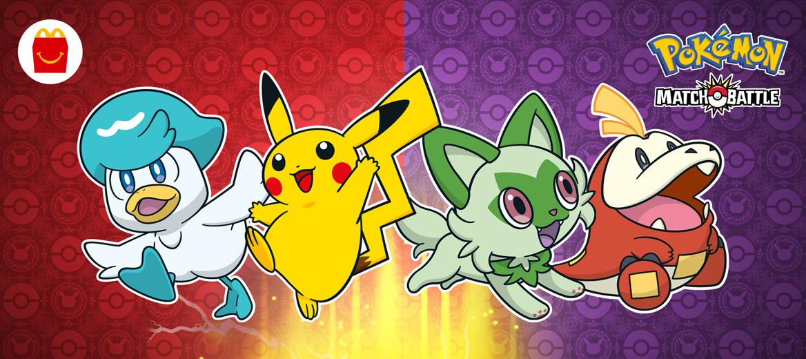 Pikachu, Sprigatito, Fuecoco and Quaxly on a red and purple background with pokéballs and yellow light.  