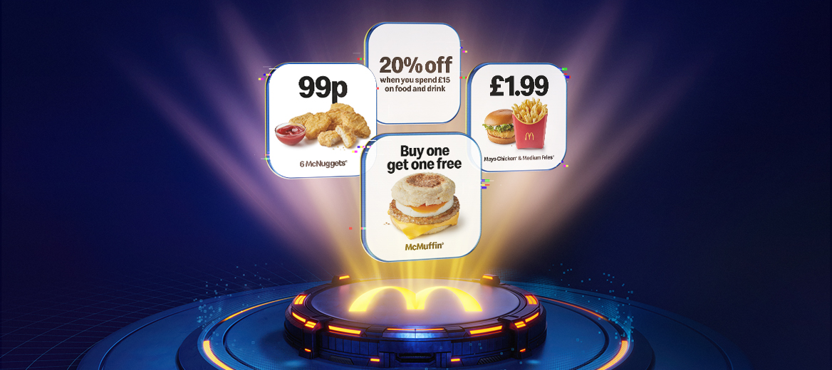 Selection of McDonald's app offers displayed above a glowing McDonald's platform, including 99p six McNuggets, buy one get one free McMuffin, 20% off food and drink when spending £15, and a £1.99 Mayo Chicken and medium fries deal.