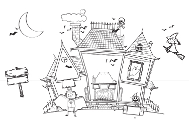 A haunted house with a vampire, a witch, a ghost, bats, pumpkins and the Moon.