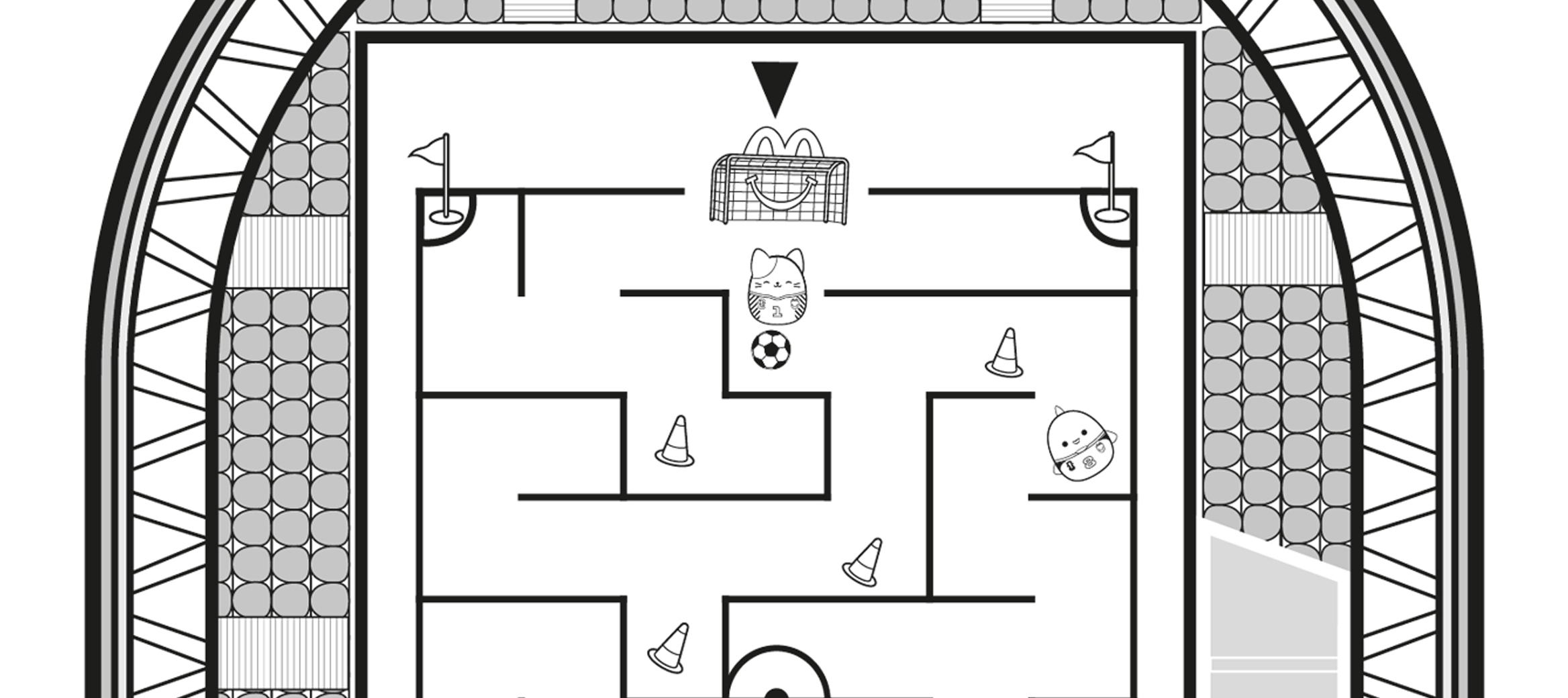 Black and white football-themed maze inside a stadium shape, with small players, cones, and two goals at each end.