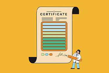 Illustration of a large certificate with colorful horizontal bars and text at the top. At the bottom, a person in a white lab coat is holding an oversized pencil and signing the certificate. The background is solid yellow.