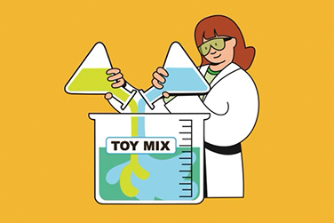 Illustration of a person in a white lab coat pouring two colored liquids from triangular flasks into a large beaker labeled “TOY MIX” on a yellow background.