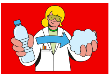 Illustration of a person in a white lab coat pouring two colored liquids from triangular flasks into a large beaker labeled “TOY MIX” on a yellow background.