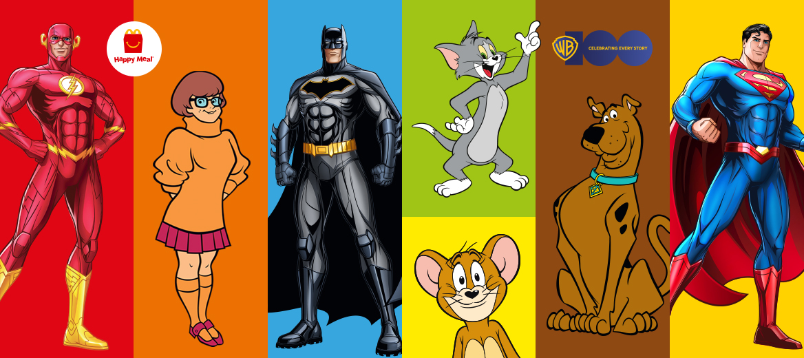Flash, Batman, Tom, Velma, Jerry, Beast Boy, Starfire, Harley Quinn, Scooby Doo and Superman on different coloured backgrounds