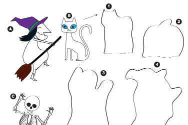 A cat, a witch, a skeleton, a ghost, and their shapes.