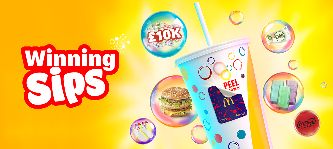 McDonald’s drink cup, Big Mac, trainers, money, coca-cola and glasses on a yellow background.