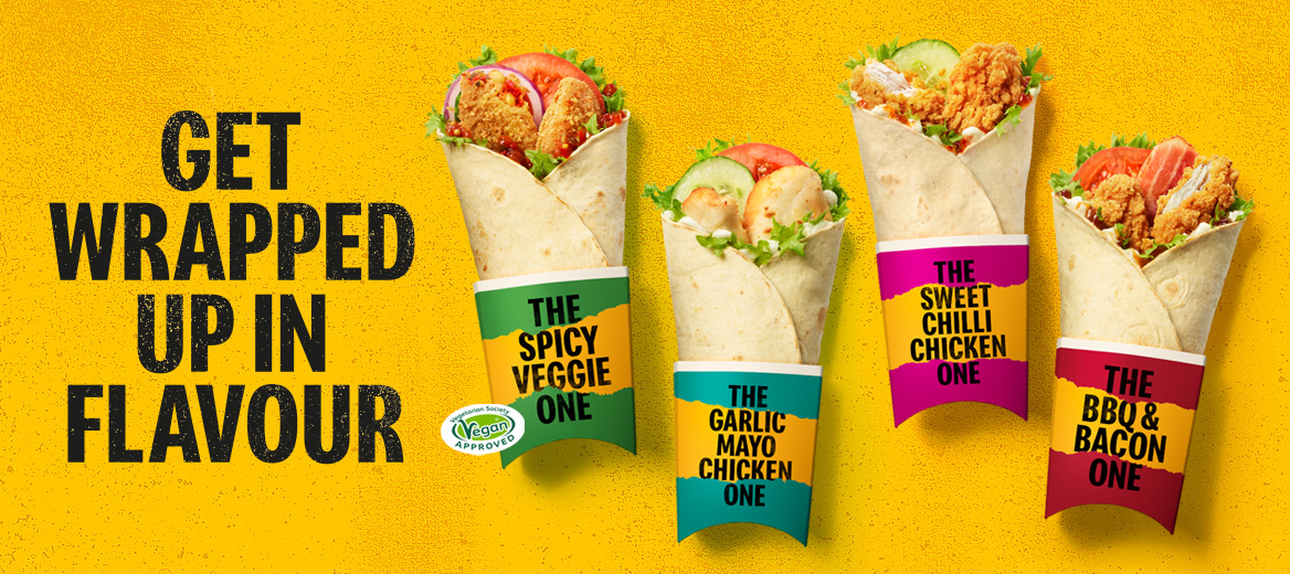 Five wraps on a yellow background.