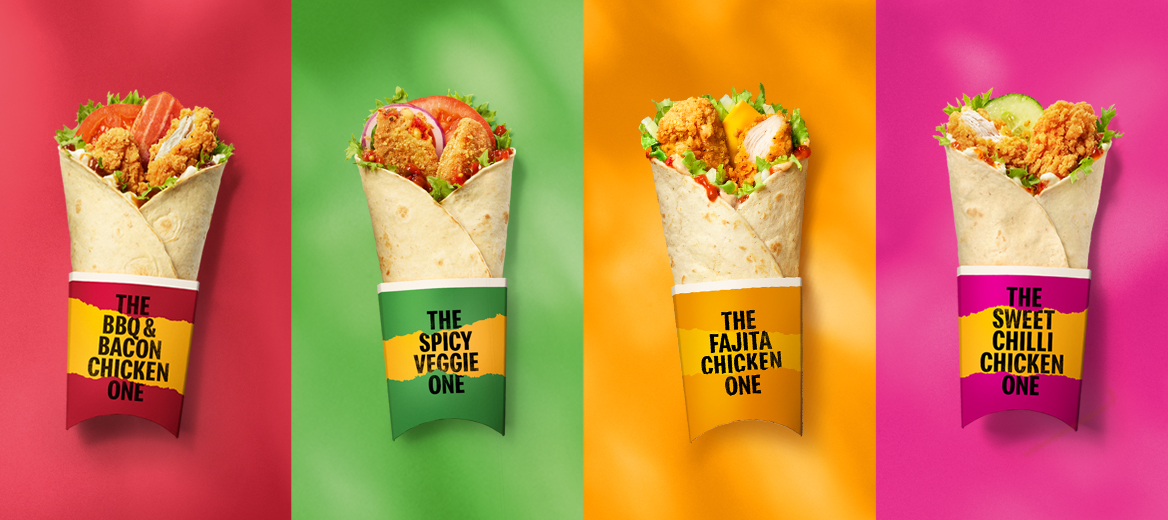 Four images of four different wraps against different coloured backgrounds. 