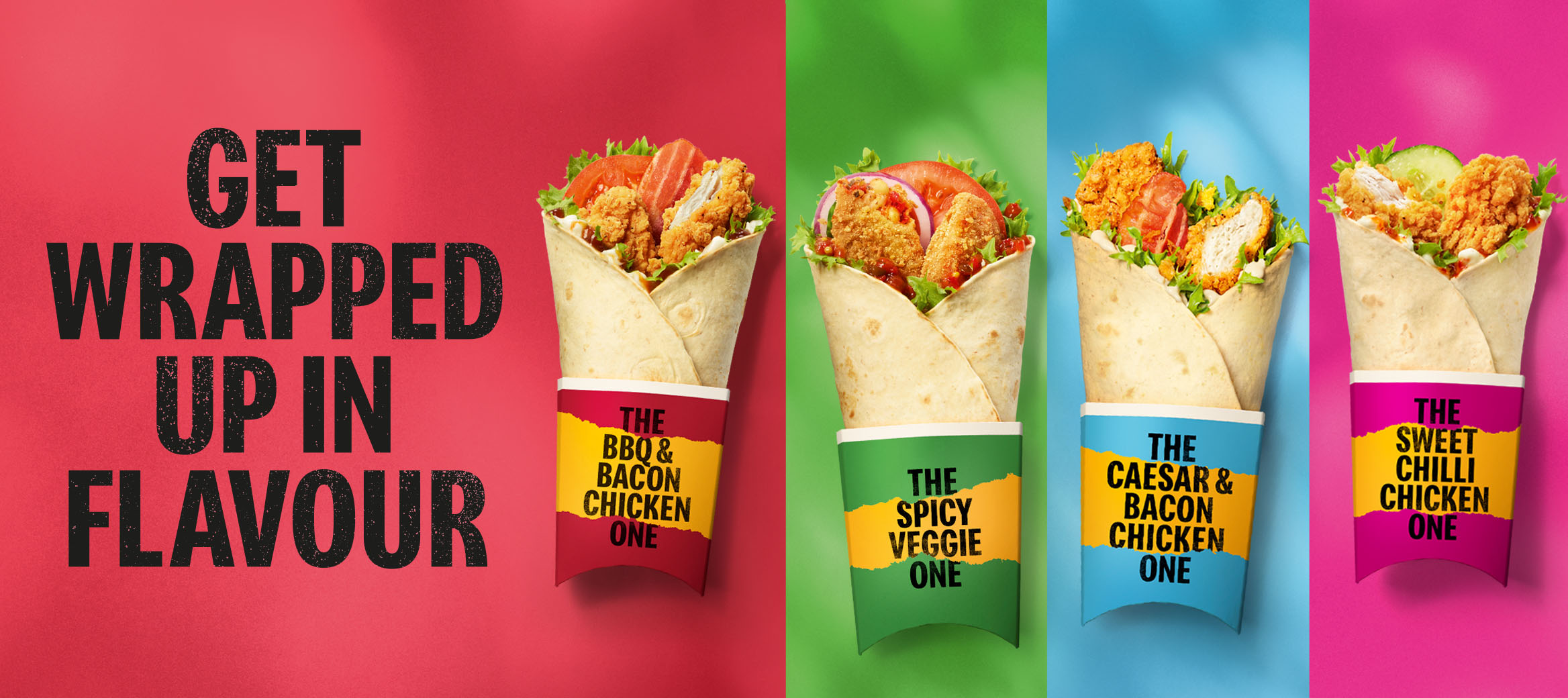 Five wraps on a multi-coloured background.